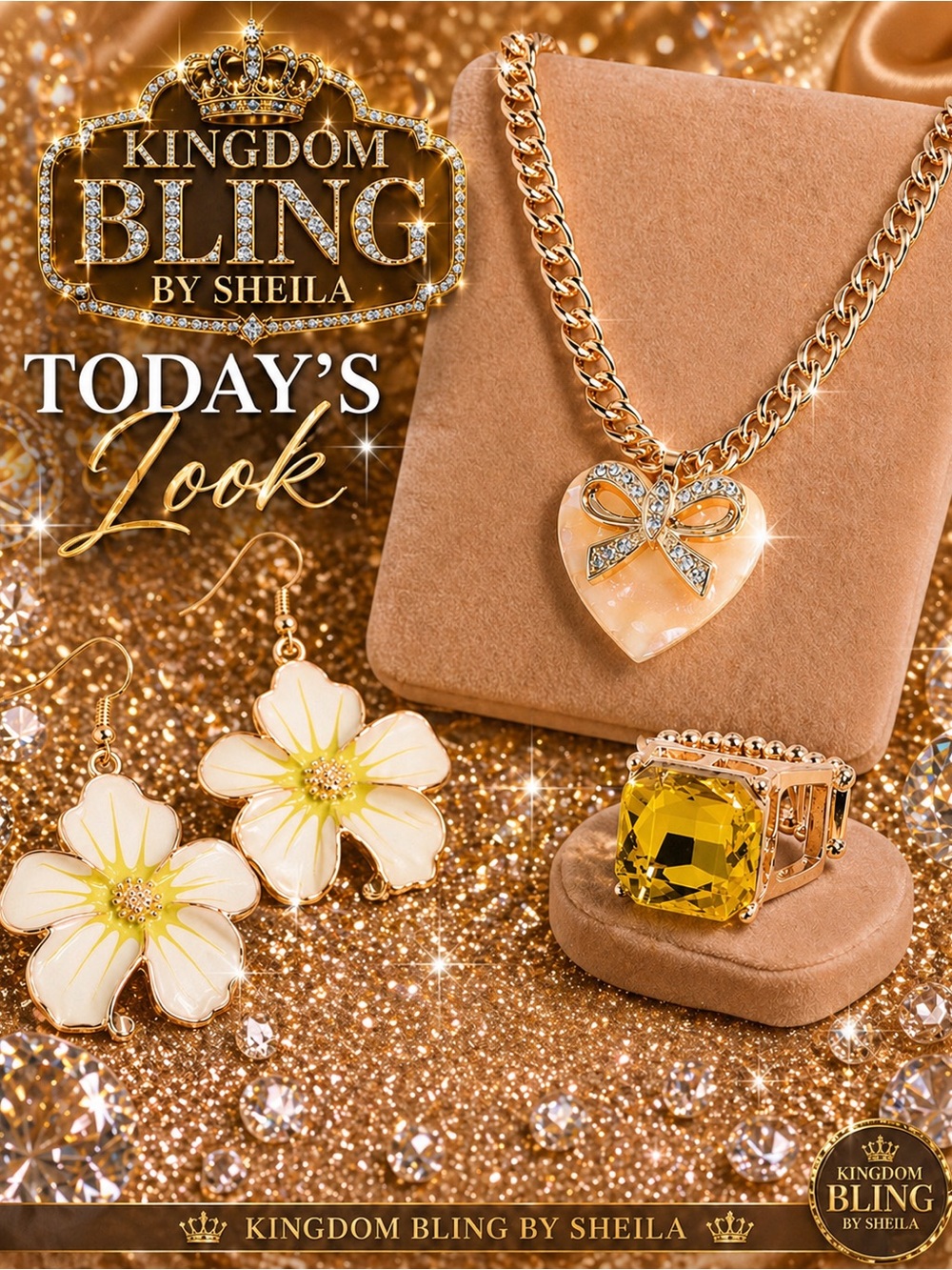 paparazzi Gold Toned Heart Pendant, Yellow Gem Ring & White Flower Earrings Set